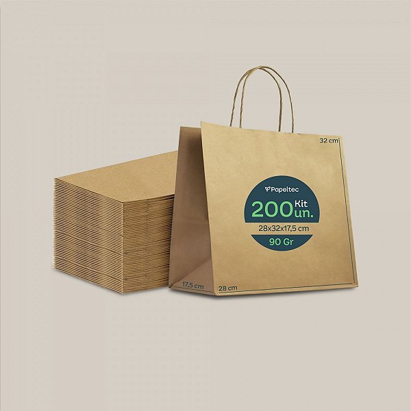 Sacola de Papel Kraft Delivery com Alça - 28x32x17,5cm - 200un