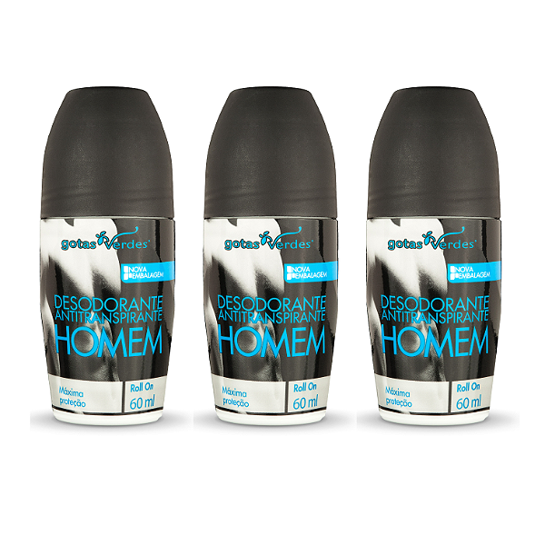 Kit Desodorante Antitranspirante Roll On Homem Gotas Verdes com 3 unidades