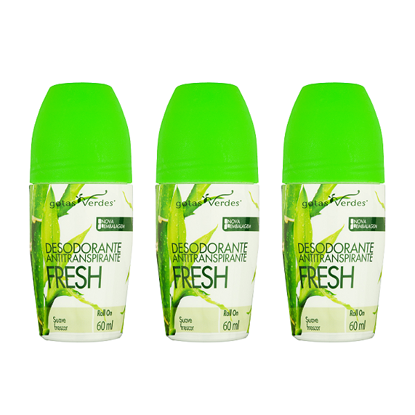 Desodorante Antitranspirante Roll On Fresh Gotas Verdes Kit com 3 unidades