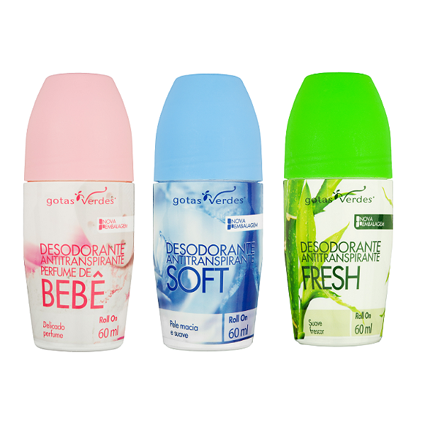 Desodorante Roll On Kit com 3 unidades Perfume de Bebê, Soft e Fresh