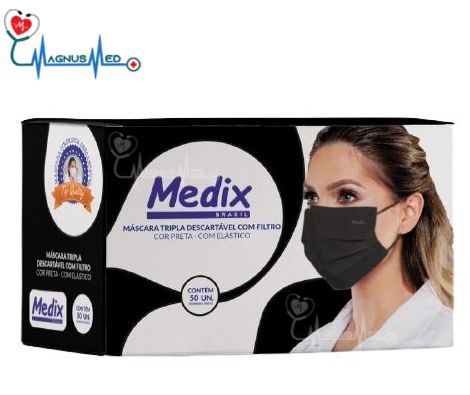 Máscara Tripla Descartável Com Filtro (BFE ≥95%) Preta - Caixa 50 un - Medix