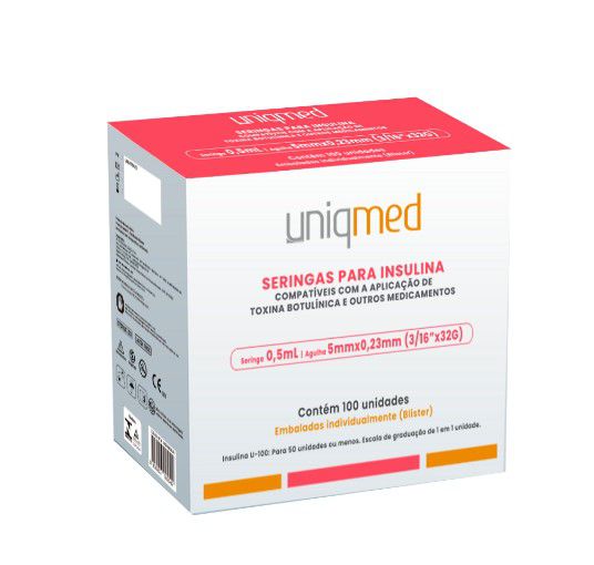 Seringas 0,5 ml 50ui 5mm x 0,23mm 32G p/ Insulina Toxina Botulínica Estética - Uniqmed
