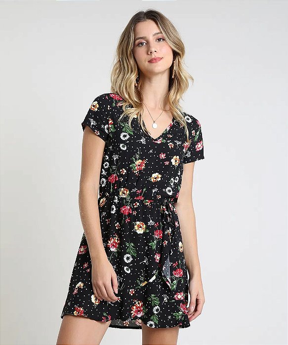 Vestido feminino curto estampado floral manga curta preto