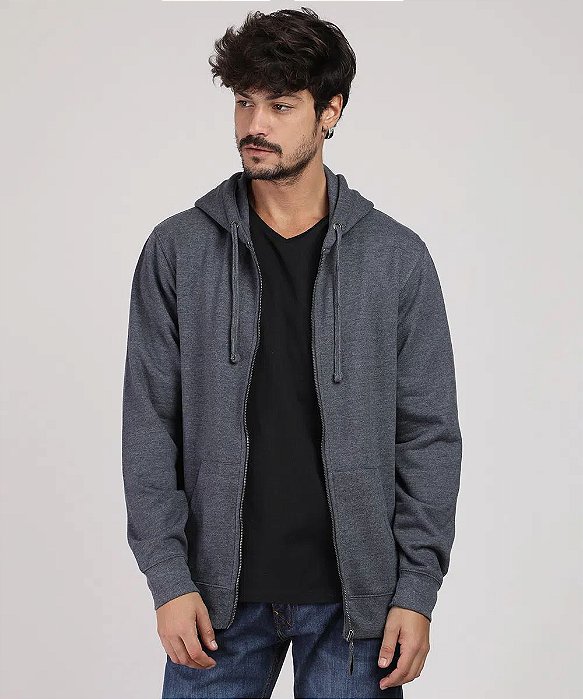 blusão masculino básico em moletom com capuz e bolso cinza mescla escuro