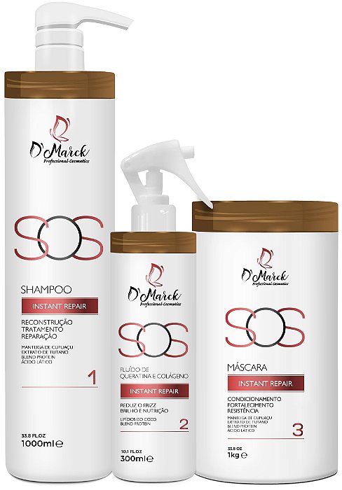 Kit SOS Instant Repair  Shampoo, Fluído de Queratina com Colágeno e Mascara 1L