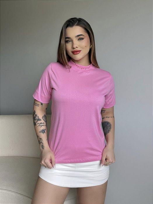 T-SHIRT GOLA ALTA LISA - ROSA BEBÊ