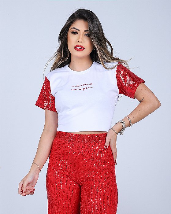 T-SHIRT A VIDA É FEITA DE CORAGEM (MANGA PAETE VERMELHO) - BRANCO