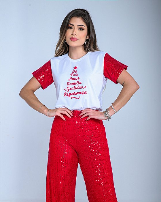 T-SHIRT FÉ PAZ AMOR (MANGA PAETE VERMELHO) - BRANCO