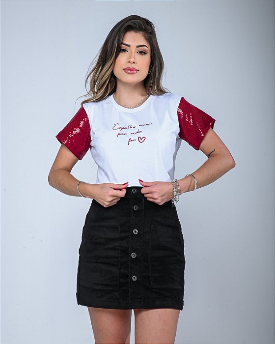 T-SHIRT ESPALHE AMOR (MANGA PAETE MARSALA) - BRANCO