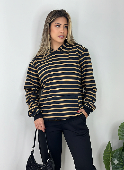 MOLETOM CANGURU LISTRADO - CARAMELO