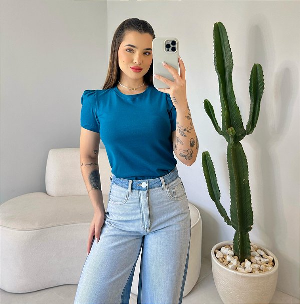 T-SHIRT MANGA PRINCESA ALGODAO CONFORT - AZUL PETROLEO