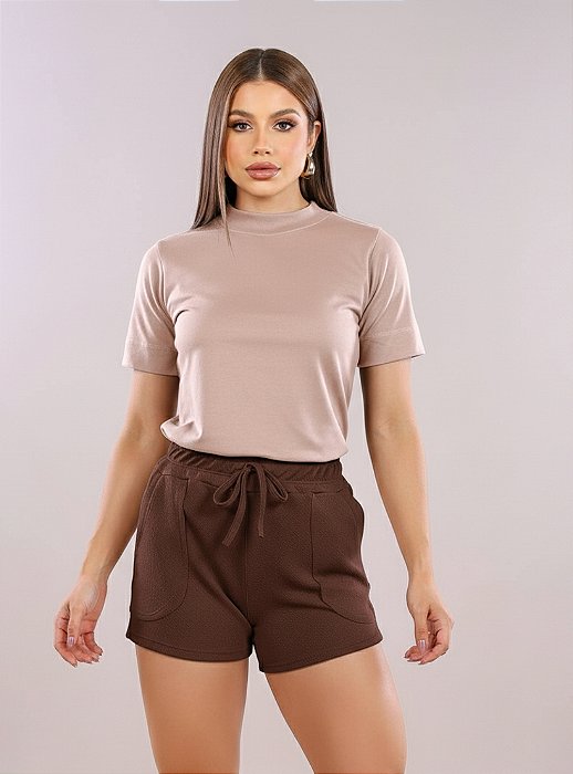 T-SHIRT GOLA ALTA LISA - MOCACCINO