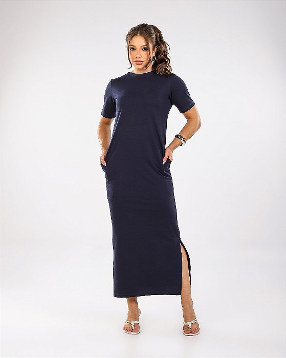 VESTIDO MAITÊ LISO DE ALGODÃO COM BOLSO - AZUL MARINHO