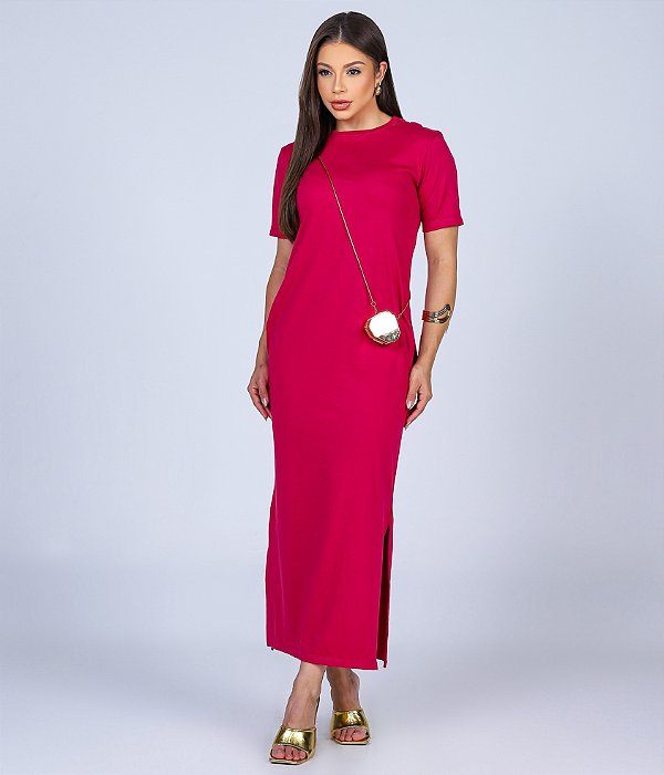 VESTIDO MAITÊ LISO DE ALGODÃO COM BOLSO - ROSA CARMIM