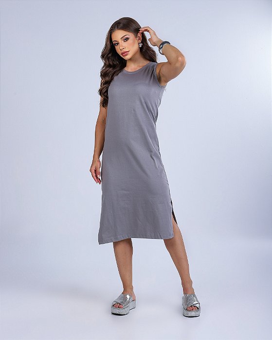 VESTIDO MIDI CAVADO LISO - CINZA PLATINA