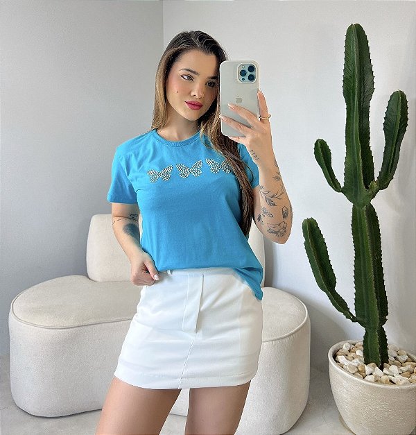 T-SHIRT BORBOLETAS C/STRASS - ACQUA BLUE