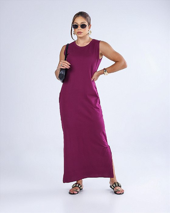 VESTIDO MIDI CAVADO C/BOLSO - ROXO BERINGELA