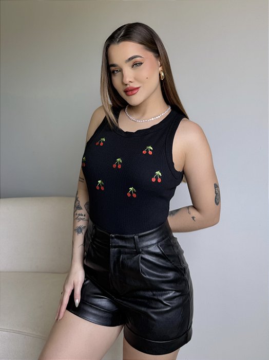 REGATA (BORDADA) MINI CEREJINHAS - PRETO