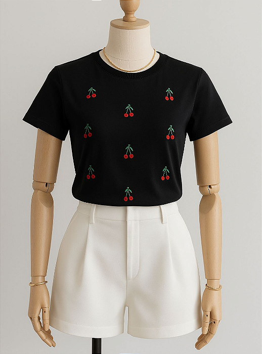 T-SHIRT CEREJA TOTAL (BORDADA) - PRETO