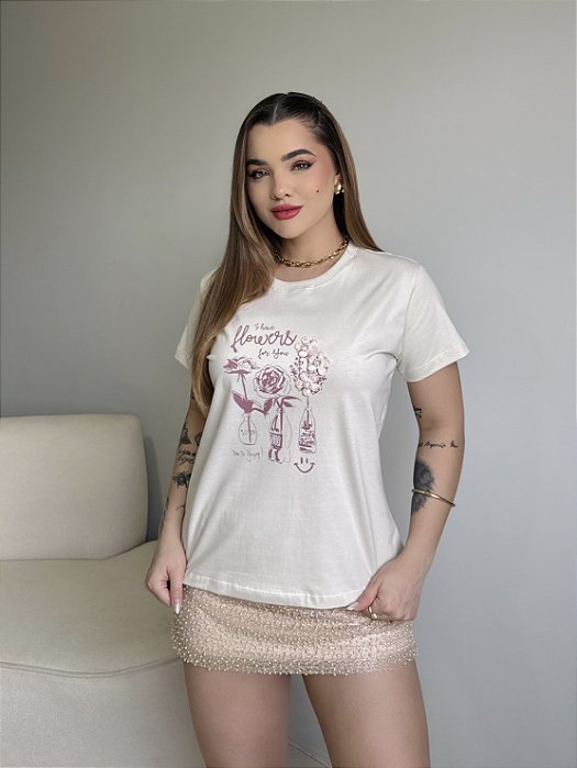 T-SHIRT I HAVE FLOWERS C/APLICAÇÃO - BEGE NATURAL