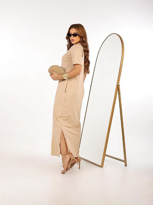 VESTIDO MAITÊ LISO DE ALGODÃO COM BOLSO - BEGE DUNAS