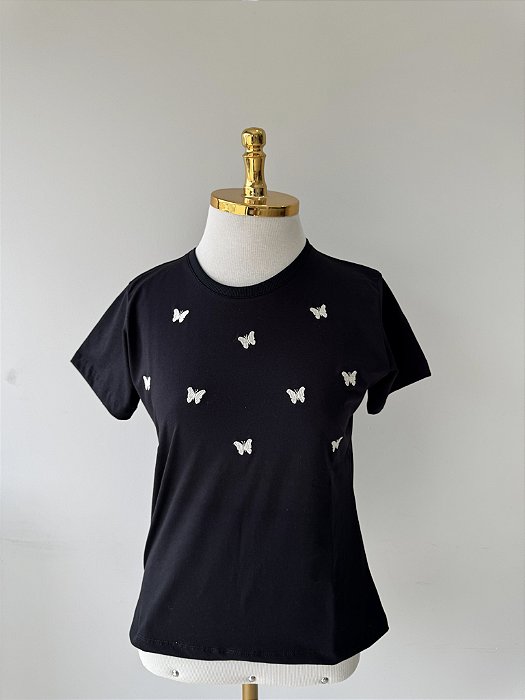 T-SHIRT BORBOLETAS (BORDADA) - PRETO
