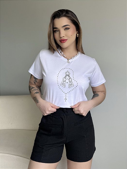 T-SHIRT TERÇO NOSSA SENHORA C/STRASS - BRANCO
