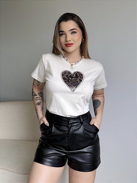 T-SHIRT CORAÇÃO LANTEJOULAS - BEGE NATURAL