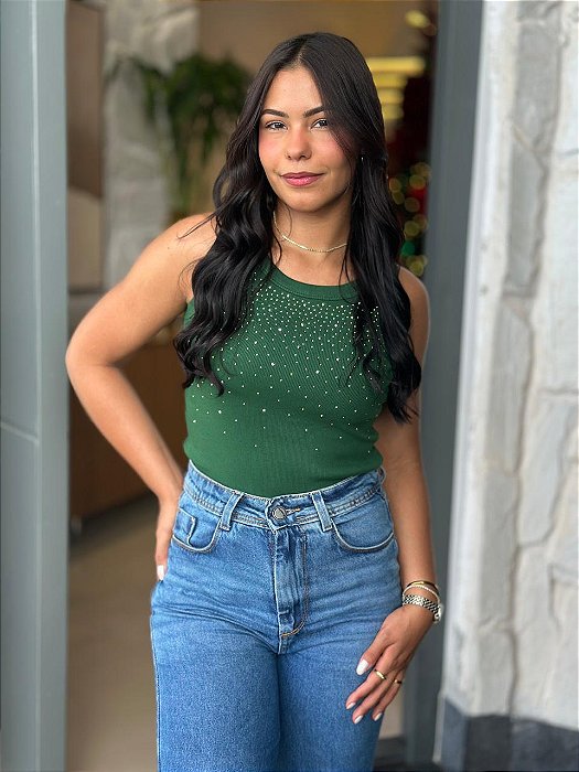 REGATA CANELADA COM STRASS - VERDE INTENSO
