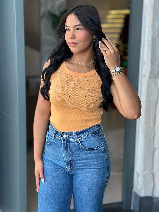 REGATA CANELADA COM STRASS - LARANJA CREAM