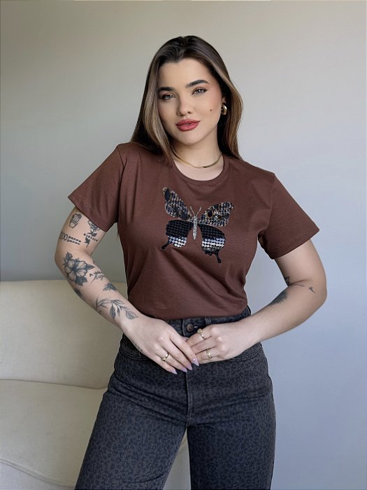 T-SHIRT BORBOLETA LANTEJOULAS - MARROM
