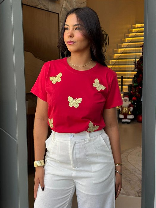 T-SHIRT BORBOLETA TOTAL C/APLICAÇÃO - VERMELHO