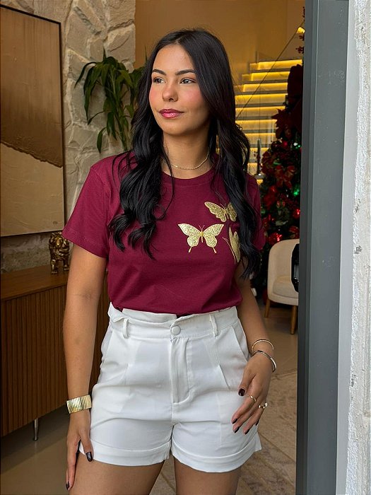 T-SHIRT TRIO BORBOLETAS OMBRO C/ APLICAÇÃO - BORDO