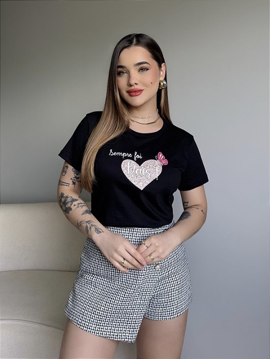 T-SHIRT SEMPRE FOI DEUS (BORDADA) - PRETO