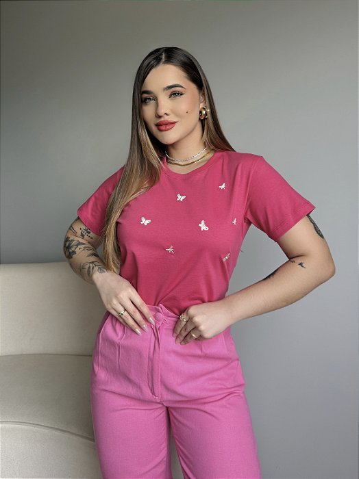 T-SHIRT BORBOLETA E LIBELULA (BORDADA) - ROSA PARADISE