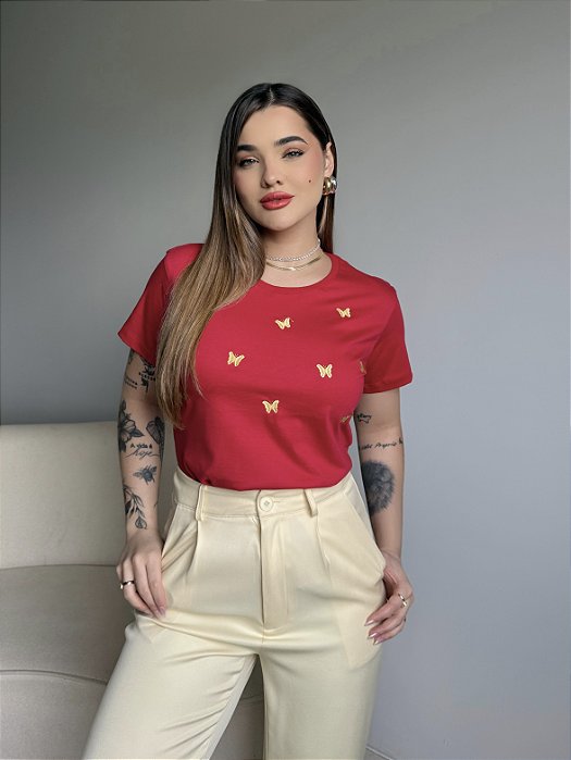 T-SHIRT BORBOLETINHAS (BORDADA) - VERMELHO