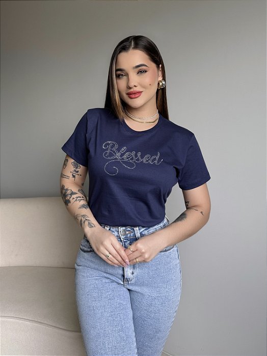 T-SHIRT BLESSED C/STRASS - AZUL MARINHO