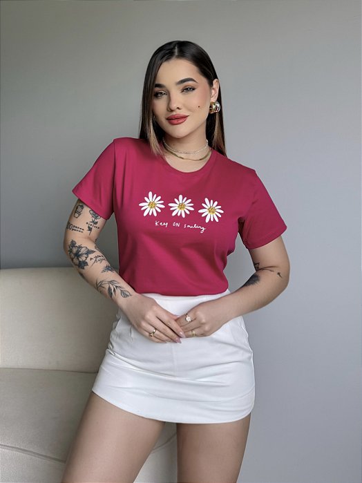 T-SHIRT KEEP ON SMILING C/APLICAÇÃO - FUCSIA