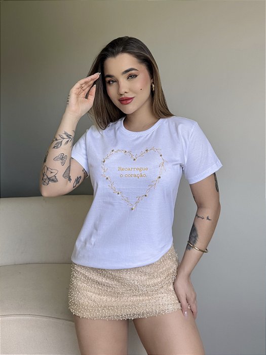T-SHIRT RECARREGUE O CORAÇÃO C/APLICAÇÃO - BRANCO