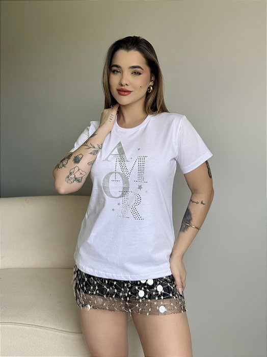 T-SHIRT AMOR SILK METALIZADO C/STRASS - BRANCO