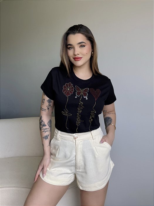 T-SHIRT FÉ ESPERANÇA AMOR C/STRASS - PRETO