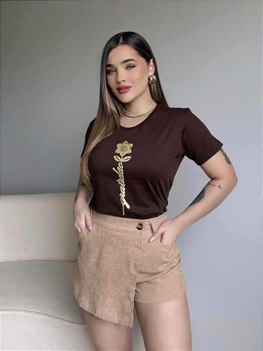 T-SHIRT FLOR GRATIDÃO C/ APLICAÇÃO - MARROM EXPRESSO