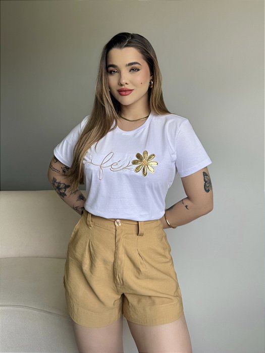T-SHIRT FÉ FLOR C/APLICAÇÃO - BRANCO