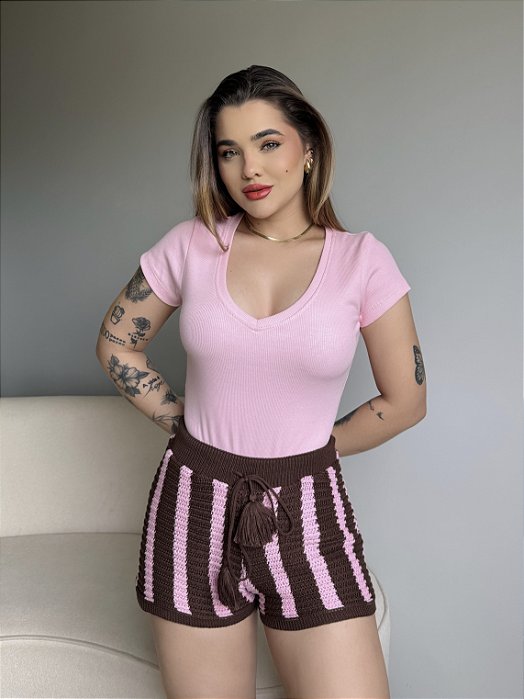 T-SHIRT CANELADA GOLA V - ROSA BEBE