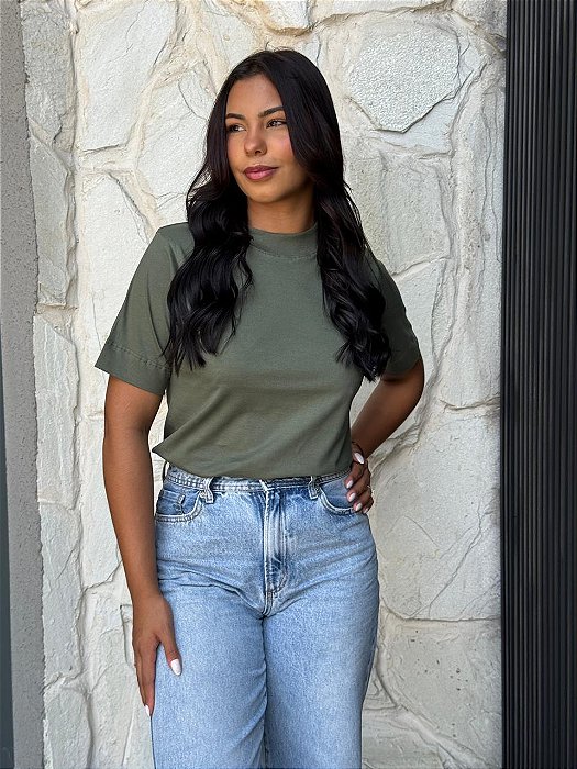 T-SHIRT GOLA ALTA LISA - VERDE CAMUFLAGE