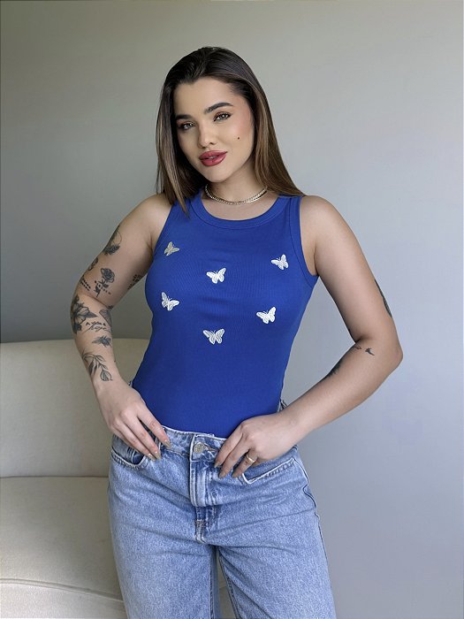 REGATA (BORDADA) BORBOLETINHA - AZUL CANETA