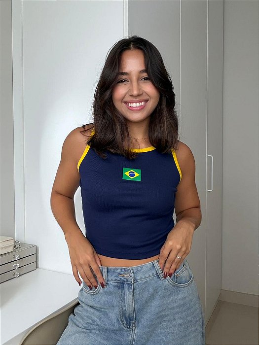CROPPED RIBANA BICOLOR BRASIL - AZUL MARINHO