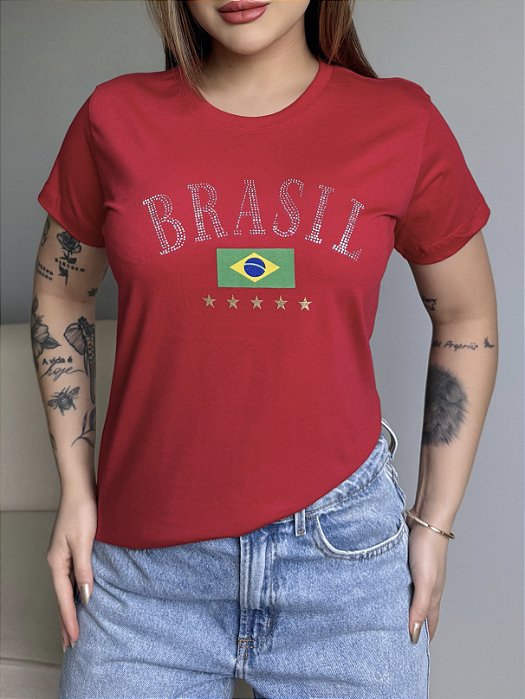 T-SHIRT DTF BRASIL STRASS PRATA - VERMELHO