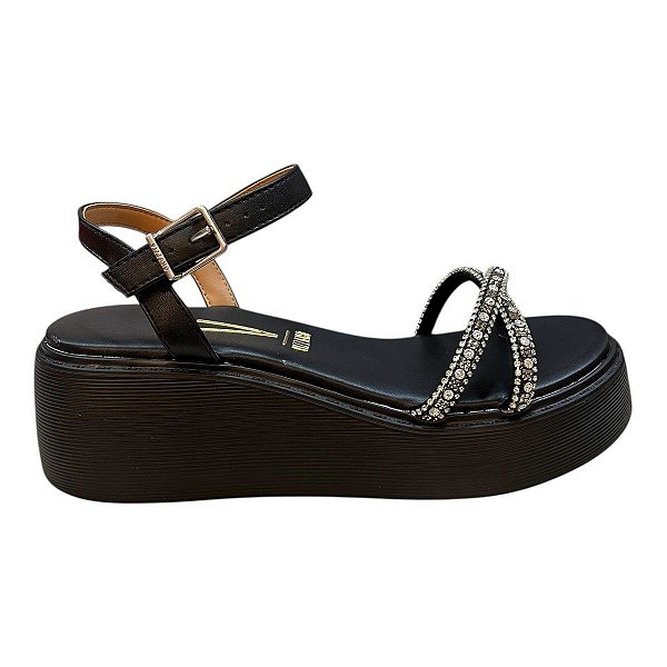 Sandalia Feminino Vizzano Alta Papete Anabela Tiras Brilho Strass 6525.106 Preto