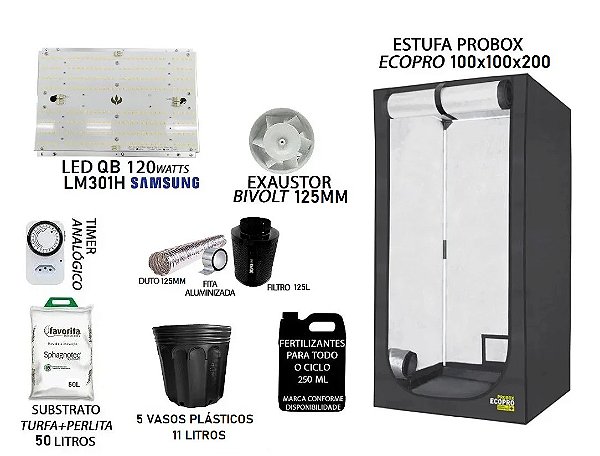 KIT PROBOX ECO 100x100x200 - Quantum Board LM301H 120w - Bivolt + Filtro 125l